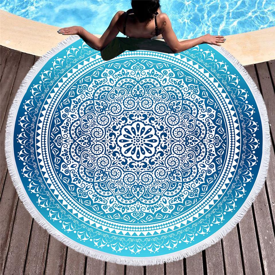 Bohemian Round Beach Towel Sky Blue Tassel Mandala Tapestry Yoga Mat Floral Toalla Sunblock Boho Blanket