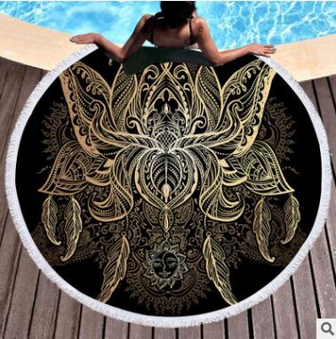 Microfiber Round Beach Towel Large for Adults Floral Lotus Printed Toalla Tassel Yoga Mat 150cm Blanket Cover Up