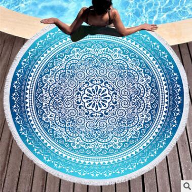 Bohemian Round Beach Towel Sky Blue Tassel Mandala Tapestry Yoga Mat Floral Toalla Sunblock Boho Blanket