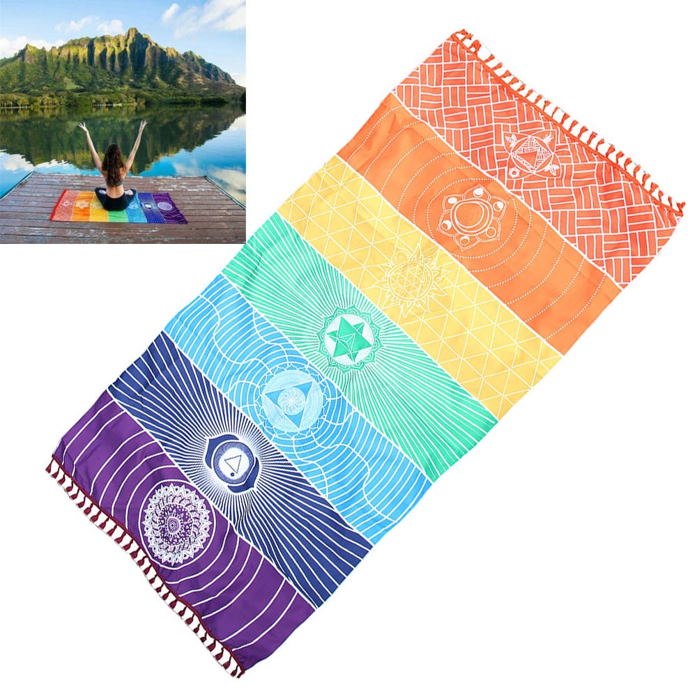 Tenture murale en Polyester style bohémien, couverture de Mandala indien, tapisserie colorée à 7 chakras, rayures arc-en-ciel, tapis de Yoga de plage