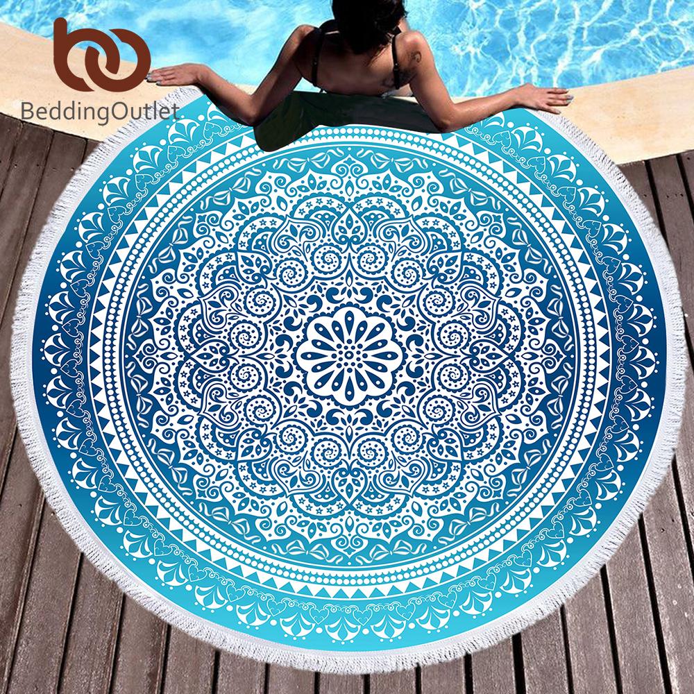 Serviette de plage ronde bohème, tapisserie Mandala à pampilles bleu ciel, tapis de Yoga, Toalla florale, couverture Boho 
