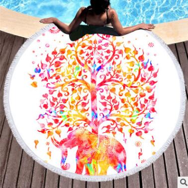 Serviette de plage ronde en forme d'éléphant, tapisserie à pampilles noire et blanche, tapis de Yoga en microfibre, couverture Toalla imprimée d'arbre, 150cm 